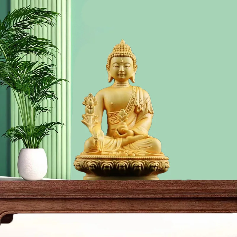 Natural solid wood -Medicine Master Buddha Statue，Southeast Asian Buddhist Characters ，Apply Home Room Office Feng Shui Statue