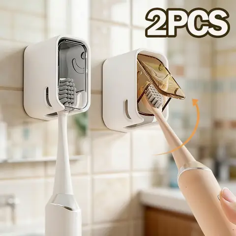 2PCS Flip-Top Wall Mounted Toothbrush Holder Rack, Dustproof Storage Box for Bathroom Electric Toothbrushes, Space-Saving Shelf