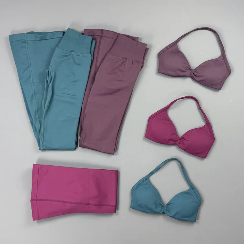 2 Piece Gym Set Women Halter Twist Front Sports Bra High Waist Flare Yoga Pants Pilates Activewear Suit Stretch Workout Outfit