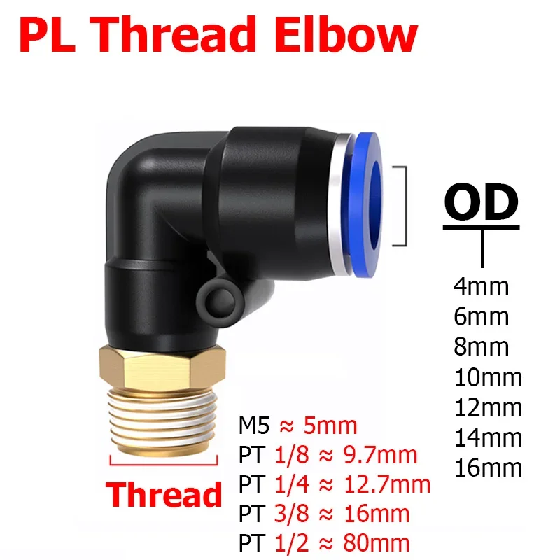 

PL Thread Elbow Connector Male M5 1/8"1/4"3/8"1/2" OD 4 5 6 8 10 12 14 16mm Pneumatic Fitting Air Quick Connector Push In Hose