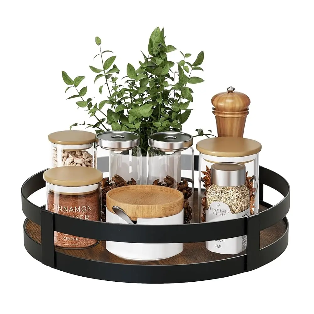 

15.7"" Lazy Susan Turntable Organizer For Cabinet, Rustic Wooden Storage With Metal Railing, Round Rotating Tray For