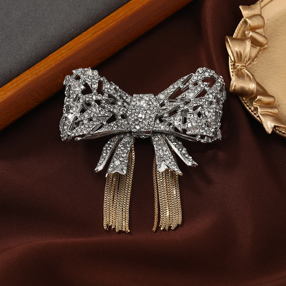 Morkopela Vintage Big Luxury Bowknots Brooch Designed Crystal Party Banquet Tassel Brooches For Woman Clothes Suit Clip Pins