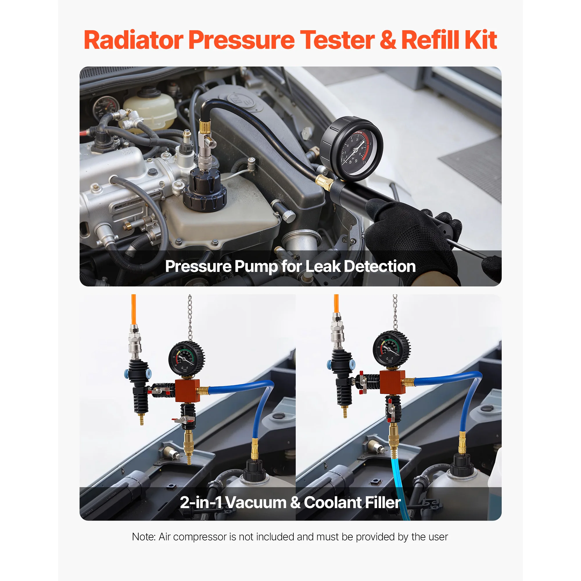 Coolant Pressure Tester Kit, 31Pcs Radiator Vacuum Refill Kit with 3 Metal Adapters, Universal Fit, Automotive Cooling System Pressure Tester Tool, Featuring Pressures Pump & Aluminum-Plastic Filler