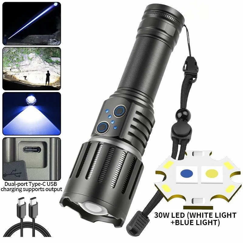 

Super Bright LED Flashlight Type-C Rechargeable Waterproof Zoomable Dual Source White Laser Torch Outdoor Camping Hiking Fishing