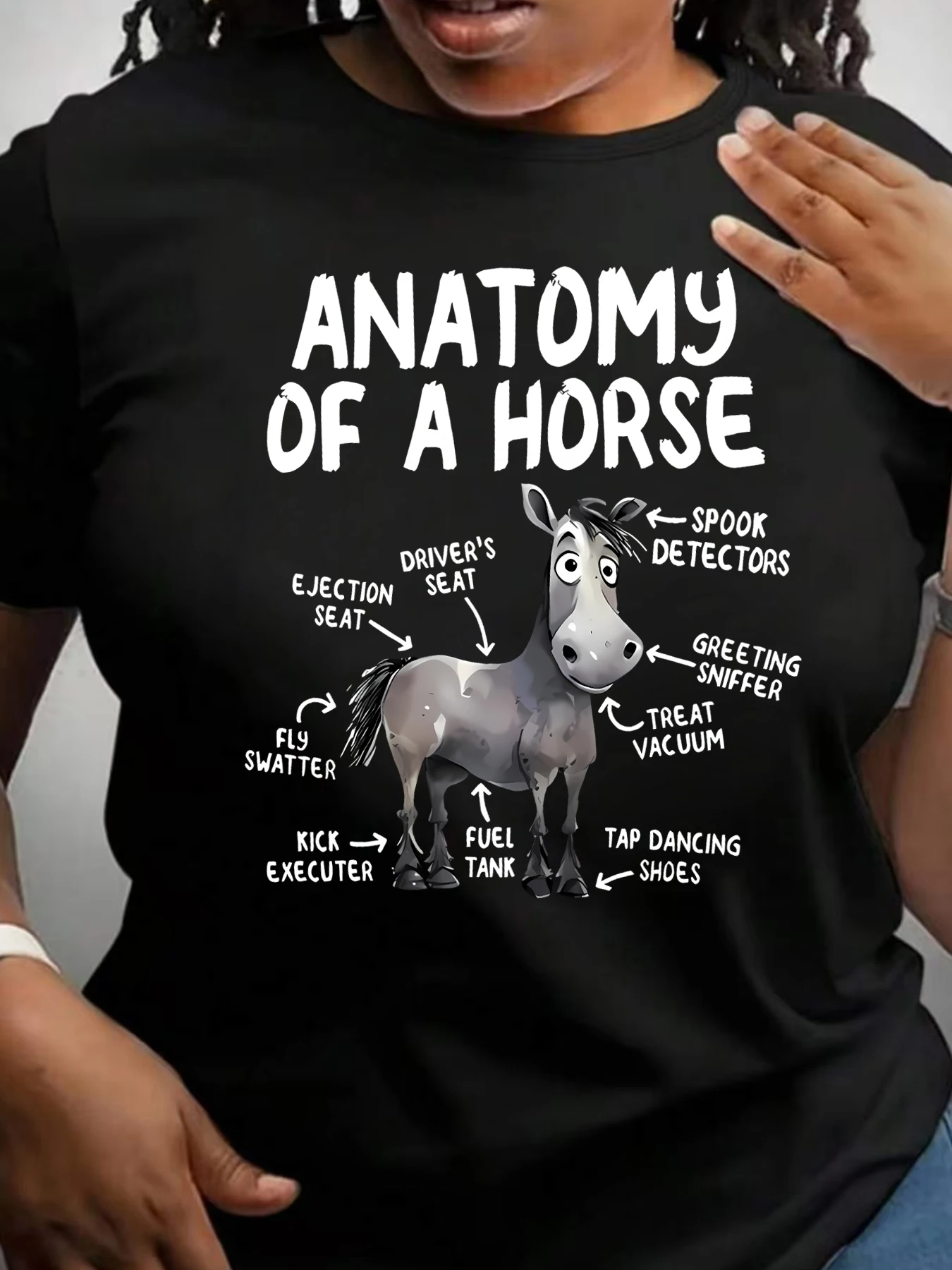 

ANATOMY OF A HORSE letters and cartoon donkey patterns ladies daily short-sleeved T-shirt summer wild fashion women top