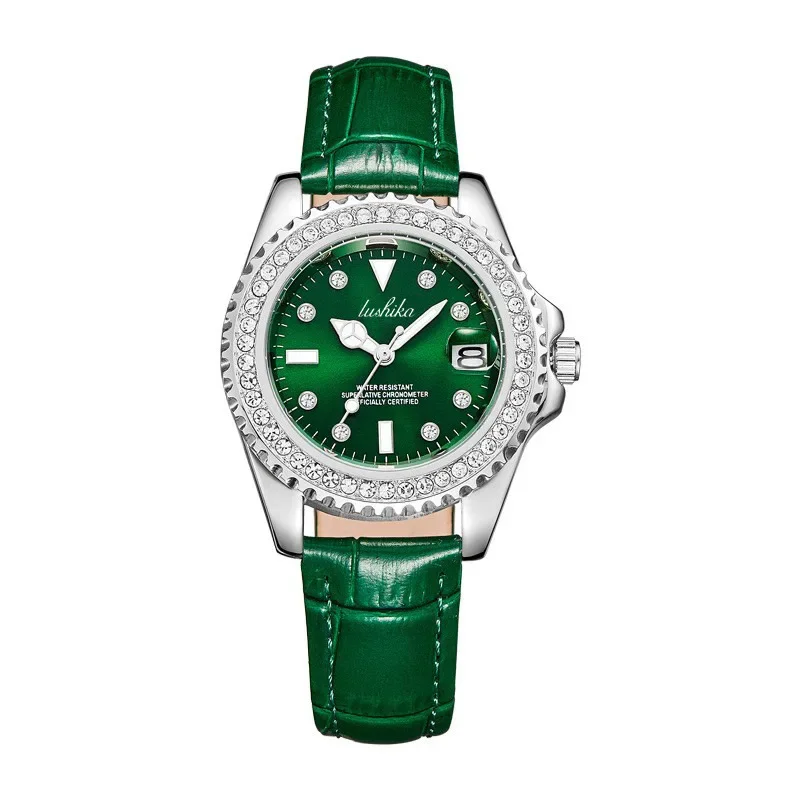 

Ladies Luxury Diamond Branded Quartz Watch Fashion 2024 New Simple Green Leather Women's Dress Clock Watch DDP