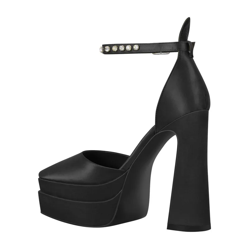 Onlymaker Women Platform Pumps Mary-Jane  Black Pink Chunky 16CM High Heels Ankle Strap Dress Party Hoof Heel Big Size Heels