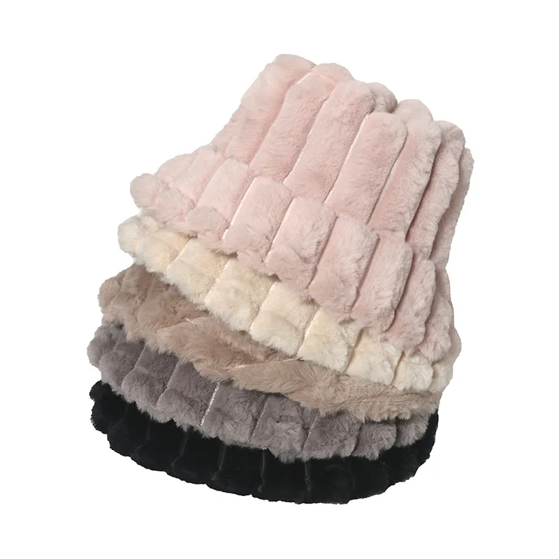 

Fashion Women Fake Fur Warm Bucket Hats Stripe Lady Autumn Winter Outdoor Thick Panama Fisherman Cap Hat For Women