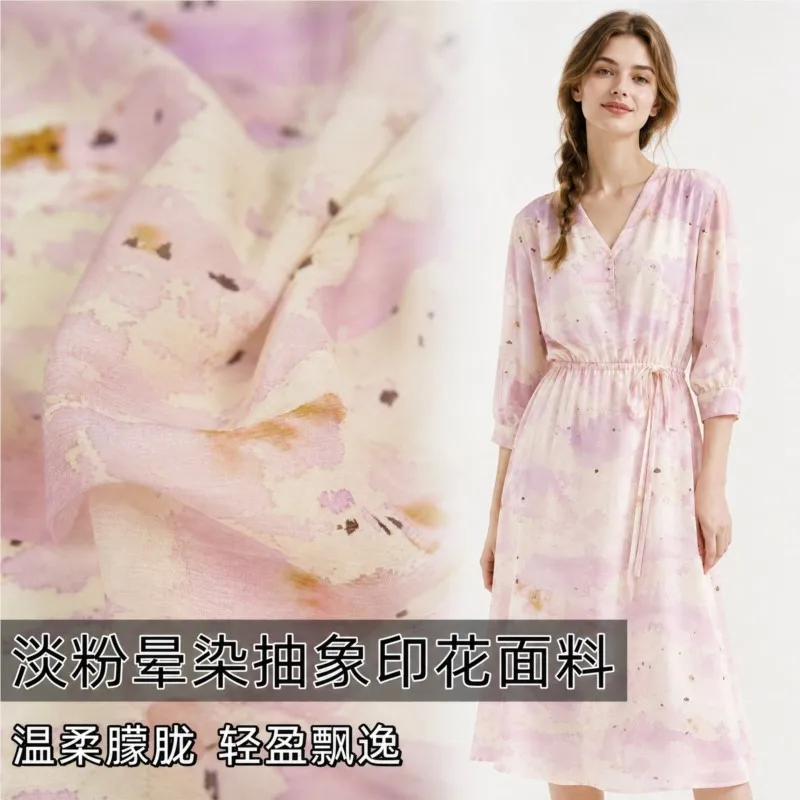 Light and delicate pink-dyed abstract printed pleated fabric chiffon shirt pants Hanfu designer