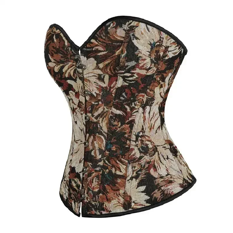 Fashion Women Sexy Floral Print Monet Oil Painting French Style Retro Corset Top Overbust Bustier For Lingerie Coffee Color