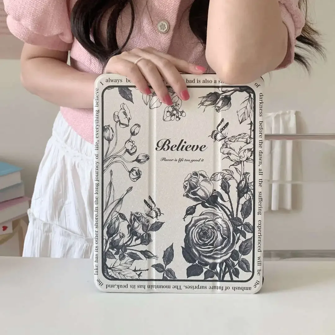 French Vintage Floral with Pen Holder, Suitable for iPad Protective Case Apple 10th Generation Tablet, Pro Tri-Fold Air 4/5Mini6