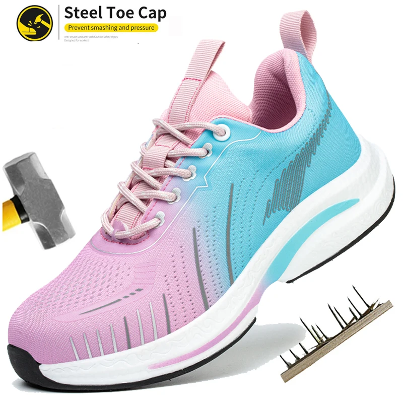 Zapatillas de trabajo transpirables con punta de acero para mujer, zapatos de seguridad ligeros para exteriores, botas de construcción antigolpes con antipinchazos