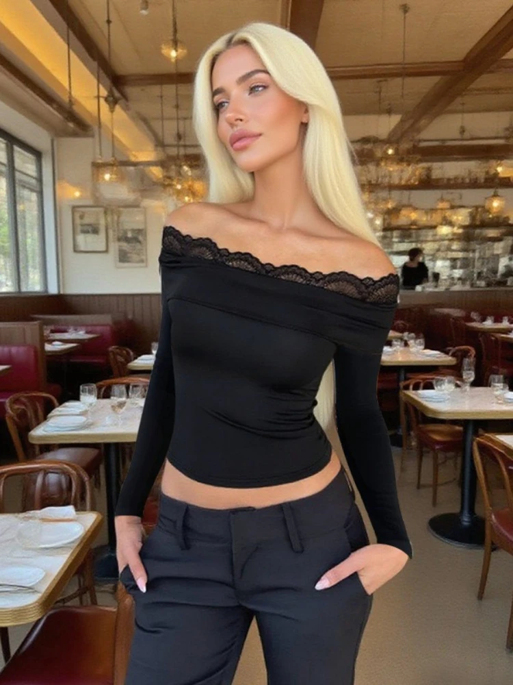 

Woman Clothes Lace Patchwork T-shirts Streetwear Ladies Sexy Slash Neck Slim Crop Tops Off Shoulder Solid Black Corset Tee Shirt