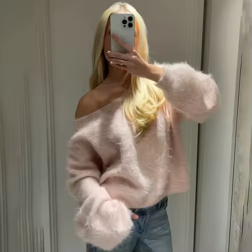 Talenza Women's Plush Pullover Fashion Solid Loose High Street Sweaters Vintage Chic Strapless Autumn Casual Female Pullovers - Image 6