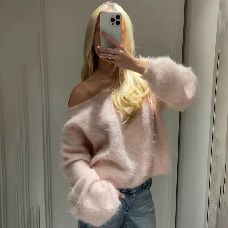 Talenza Women's Plush Pullover Fashion Solid Loose High Street Sweaters Vintage Chic Strapless Autumn Casual Female Pullovers - Image 6