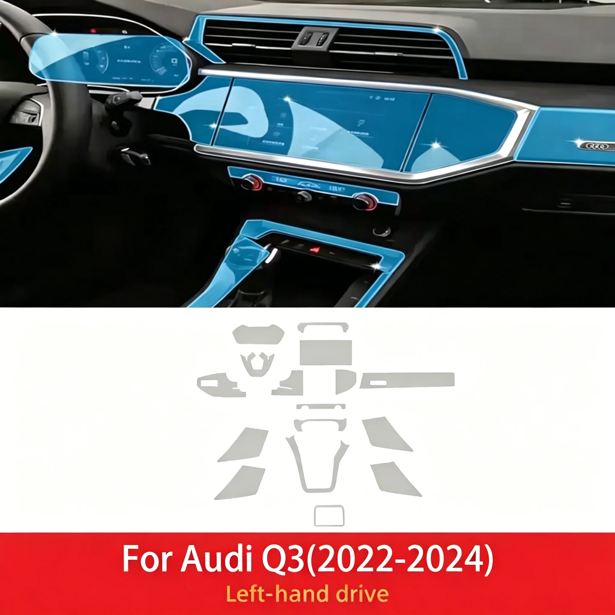TPU-Schutzfolie, transparent, für Audi Q3 2022–2024, Auto-Innenraum, Mittelkonsole, Medien, Armaturenbrett, Navigation, kratzfest – Detail 3