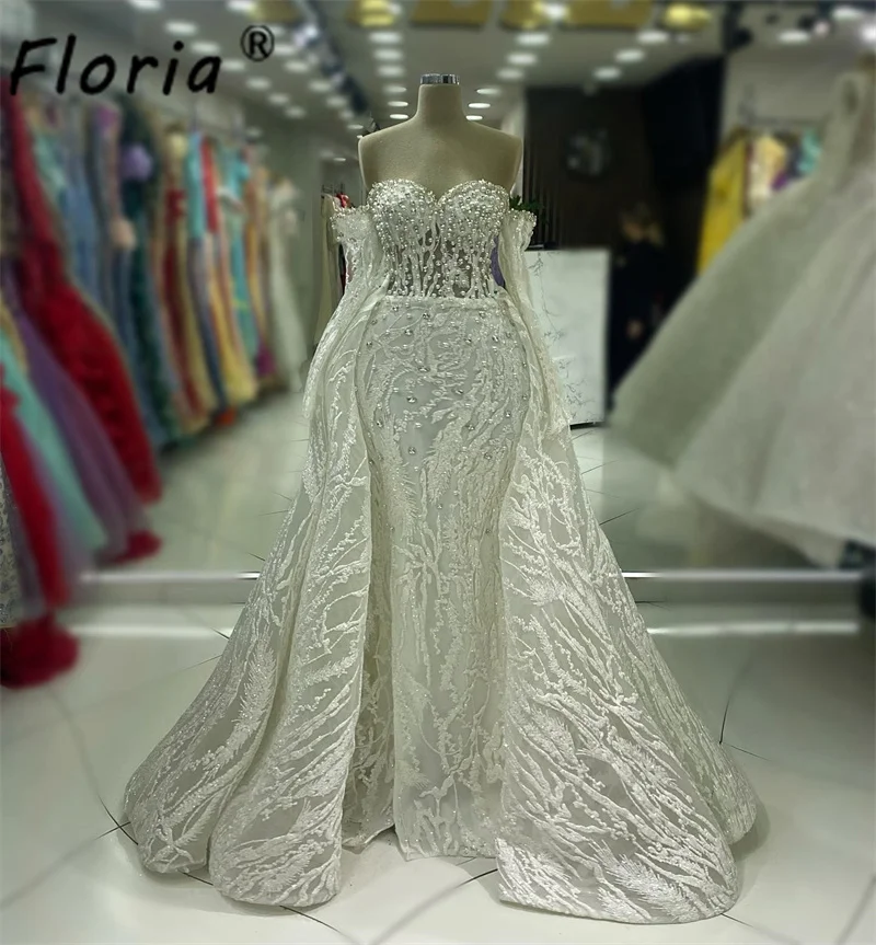 Vestidos de novia largos de encaje blanco para mujer, falda desmontable de dos piezas, vestido de fiesta de noche, perlas de Dubai, vestidos de graduación largos