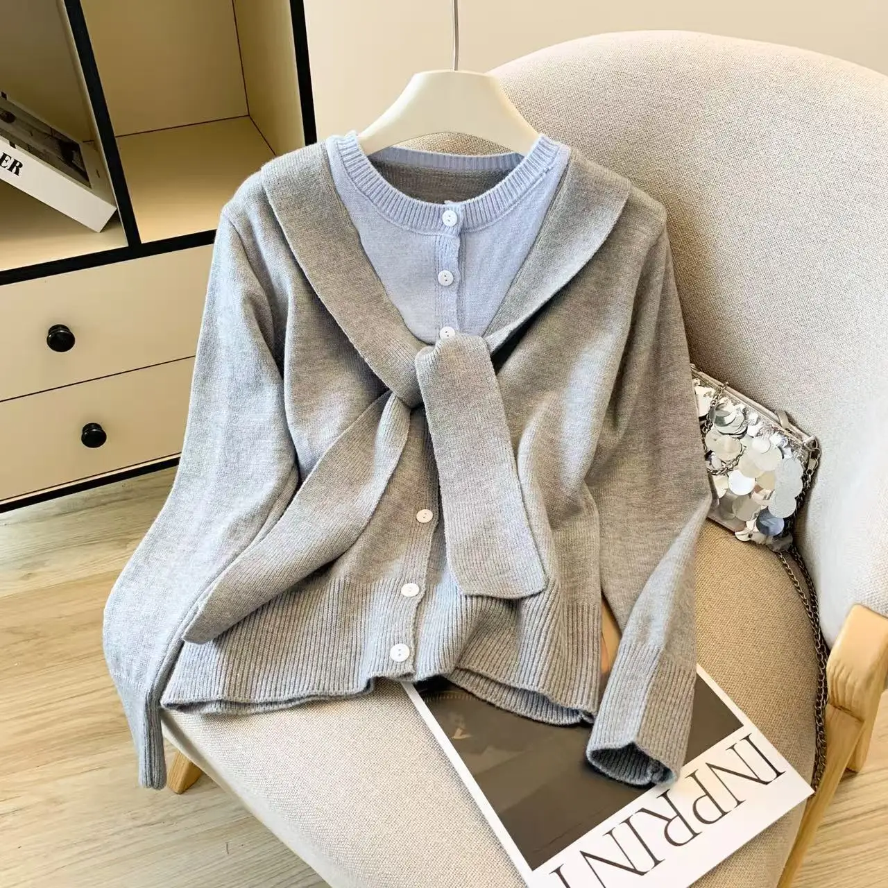 

Women's Fake Two-piece Shawl Design Knitted Sweater Young Girls Fashion Female Long Sleeve Autumn Knitted Tops
