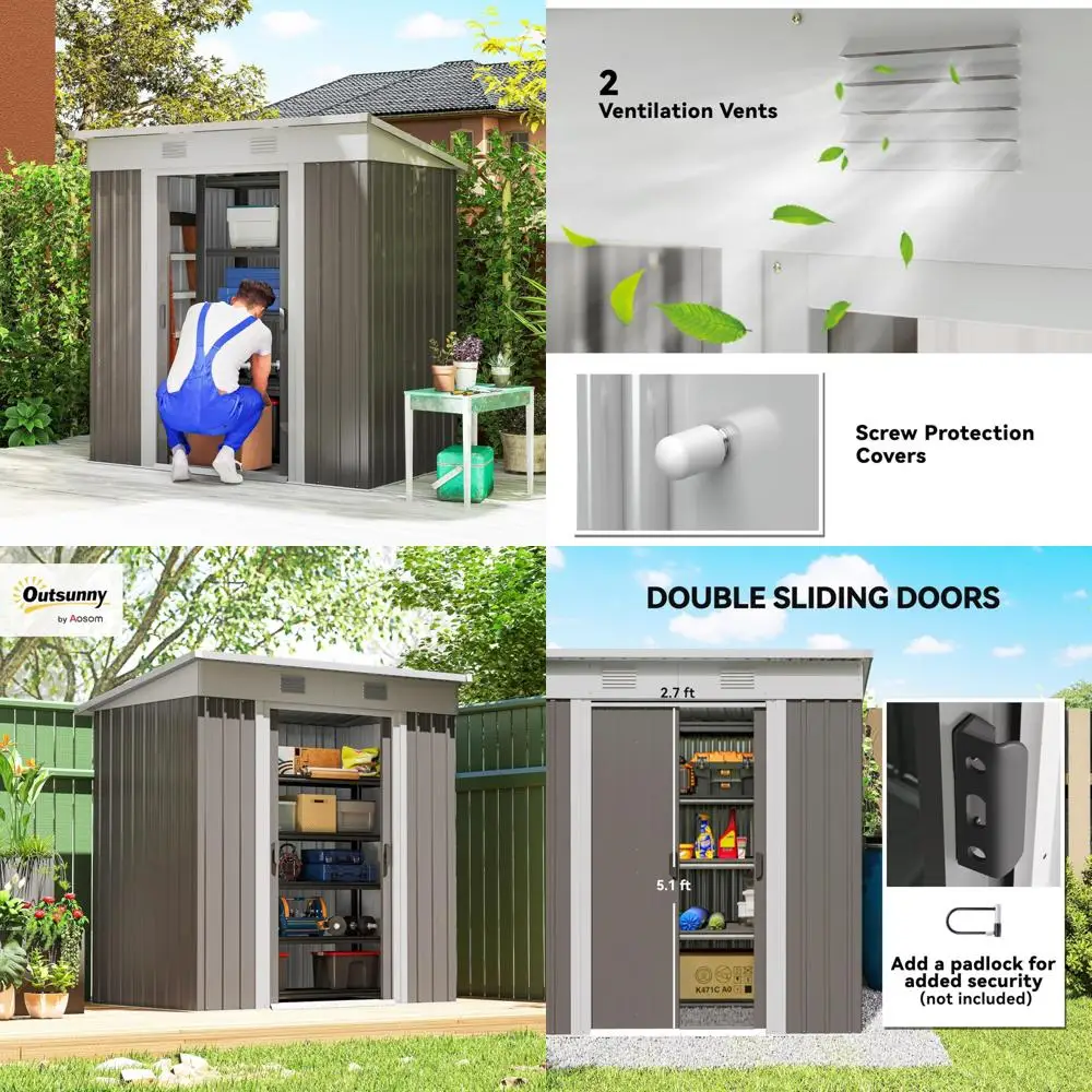 

Металлический садовый навес размером 6x4 футов с двойными раздвижными дверями и двумя вентиляционными отверстиями для хранения на открытом воздухе и садовых инструментов