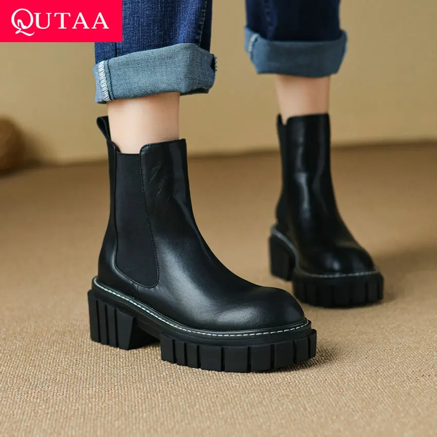 

QUTAA 2024 Women Ankle Boots Autumn Winter Genuine Leather Chelsea Round Toe Casual Short Boots Shoes Woman Size 35-43