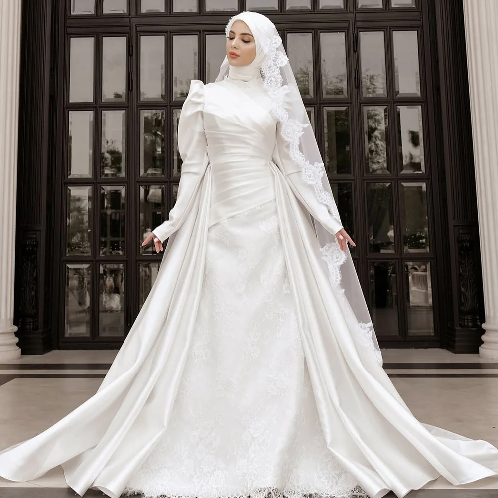 

Muslim Wedding Dresses Hijab Long Sleeve A-Line Bride Dress Lace Detachable Train Satin Bridal Gown Customized vestidos de novia