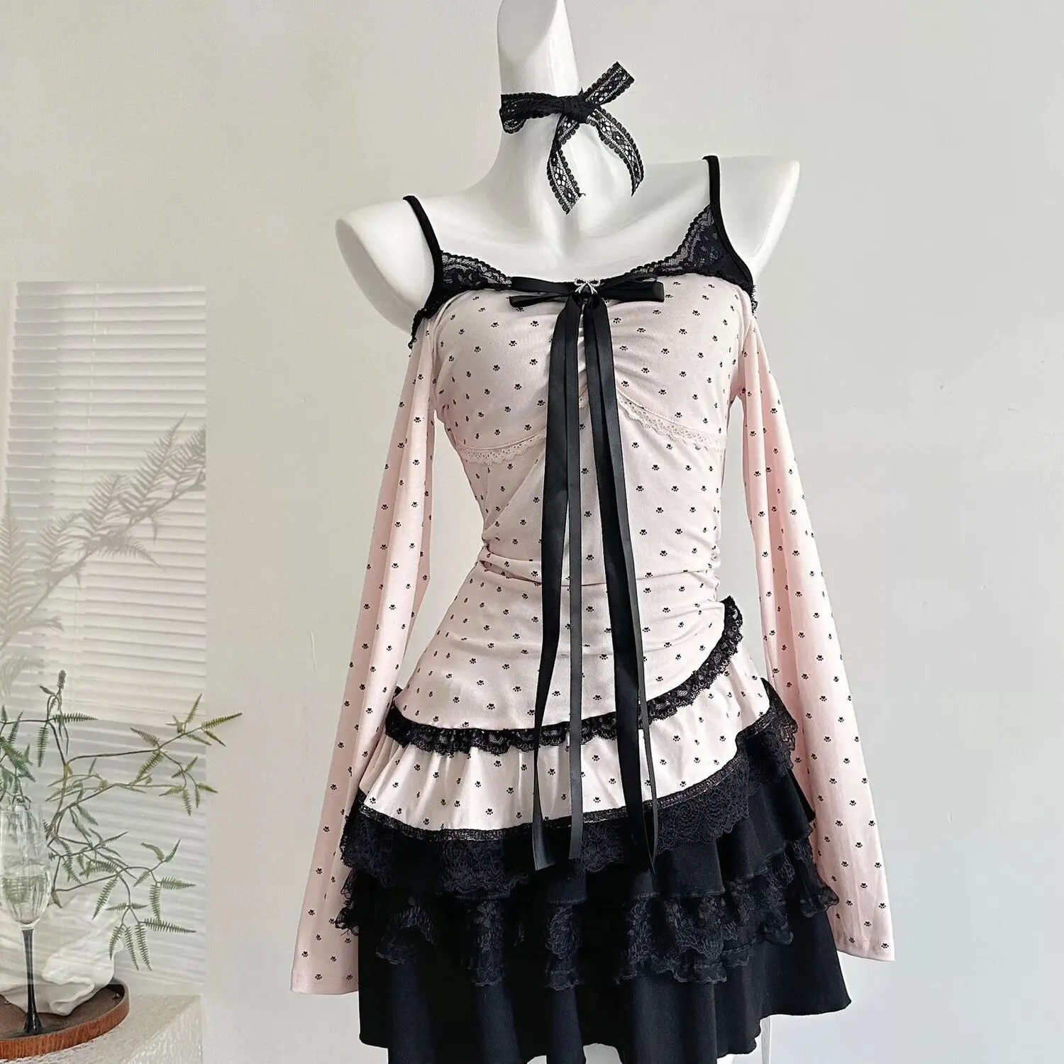Y2k Polka Dot Long Sleeve Top + Strap Black Dress Two-Piece Set Women Sweet Japanese Vintage Bodycon Lace Bow Spring Summer image 6