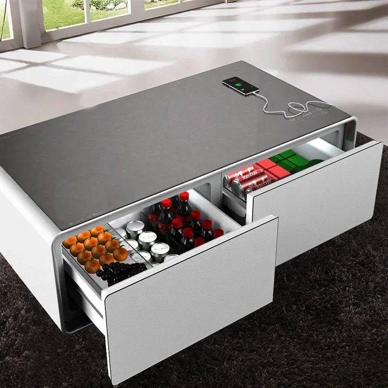 Smart coffee table mini refrigerator with built-in double drawer locker and music speaker for wireless charging
