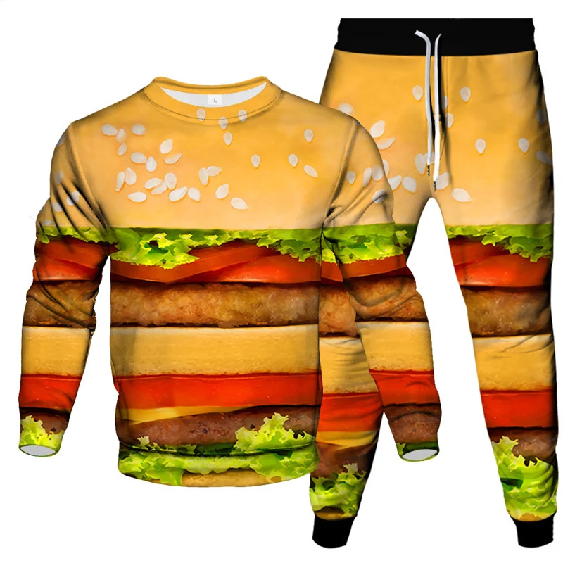 Hamburger Cucumber 3D Print Men's Sportswear Set Casual Long-Sleeved T Shirt Pants 2-Piece Set Oversized Pullover Men Clothing