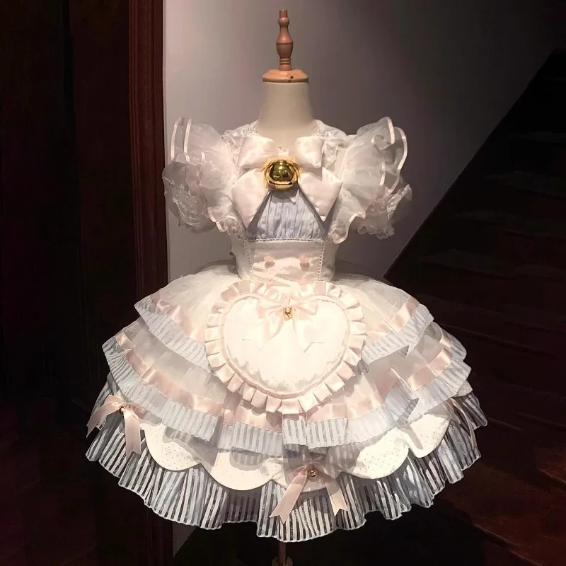 Ballet Girls Maid Lolita Dress Sweet Alice Cosplay Costume Blue Pink Bow Bell Heart Apron Tiered Princess Party Dress for Women