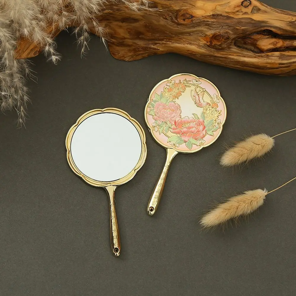 خمر النمط الصيني مرآة معدنية الفاوانيا حساسة زهرة يده مرآة أدوات التجميل المحمولة جيب مرآة لوضع مساحيق التجميل السيدات