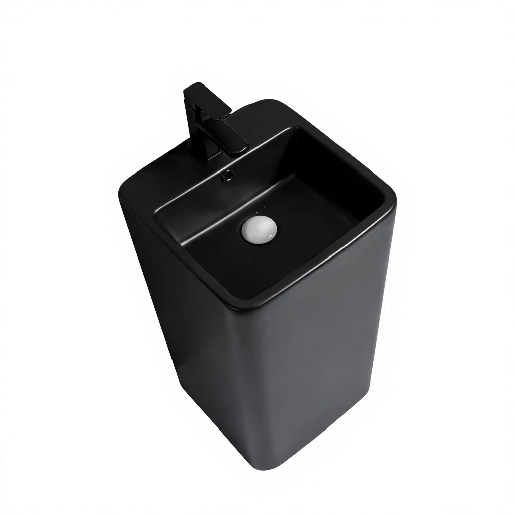 Matte Black Square Pedestal Sink One Piece Ceramic Floor Standing Compact 400mm Narrow Wash Basin For Bathroom Cafe Restroom
