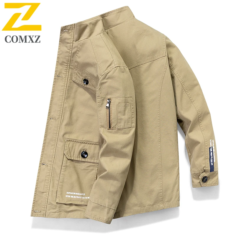 

Autumn New Men's Jacket Trendy Cotton Multi-pocket Windproof Work Jacket Hiking Hunting Climbing Stand Collar Coat Men Work Wear