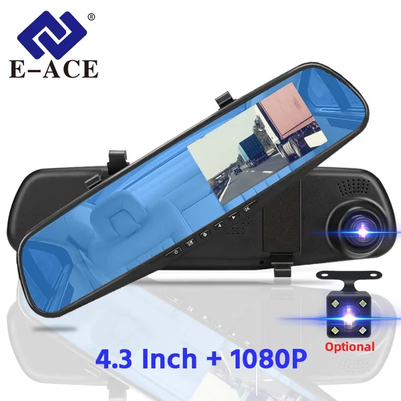 E-ACE Cámara DVR para Auto de 4.3 Pulgadas, Espejo Retrovisor con Cámara FHD 1080P de Doble Lente, Grabador de Video para Auto con Línea de Asistencia de Reversa