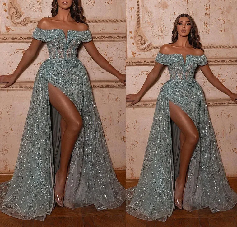 Romantic Haze Blue Off Shoulder Prom Gowns Side Split Evening Dresses Customized Sequined Sleeveless Party Dresses