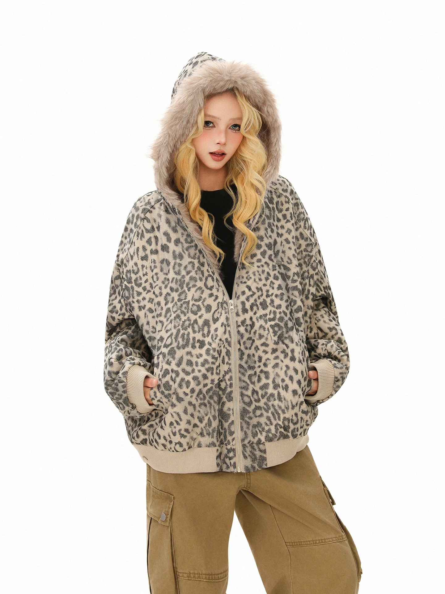 

Boeax American High Street Leopard Print Fur Collar Cotton Jaet Women Winter New Sle Sandwich Cotton Loose Cotton Coat