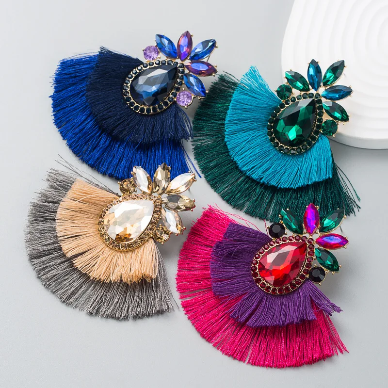 

European and American bohemian style alloy inlaid colorful rhinestone tassel earrings exaggerated earrings