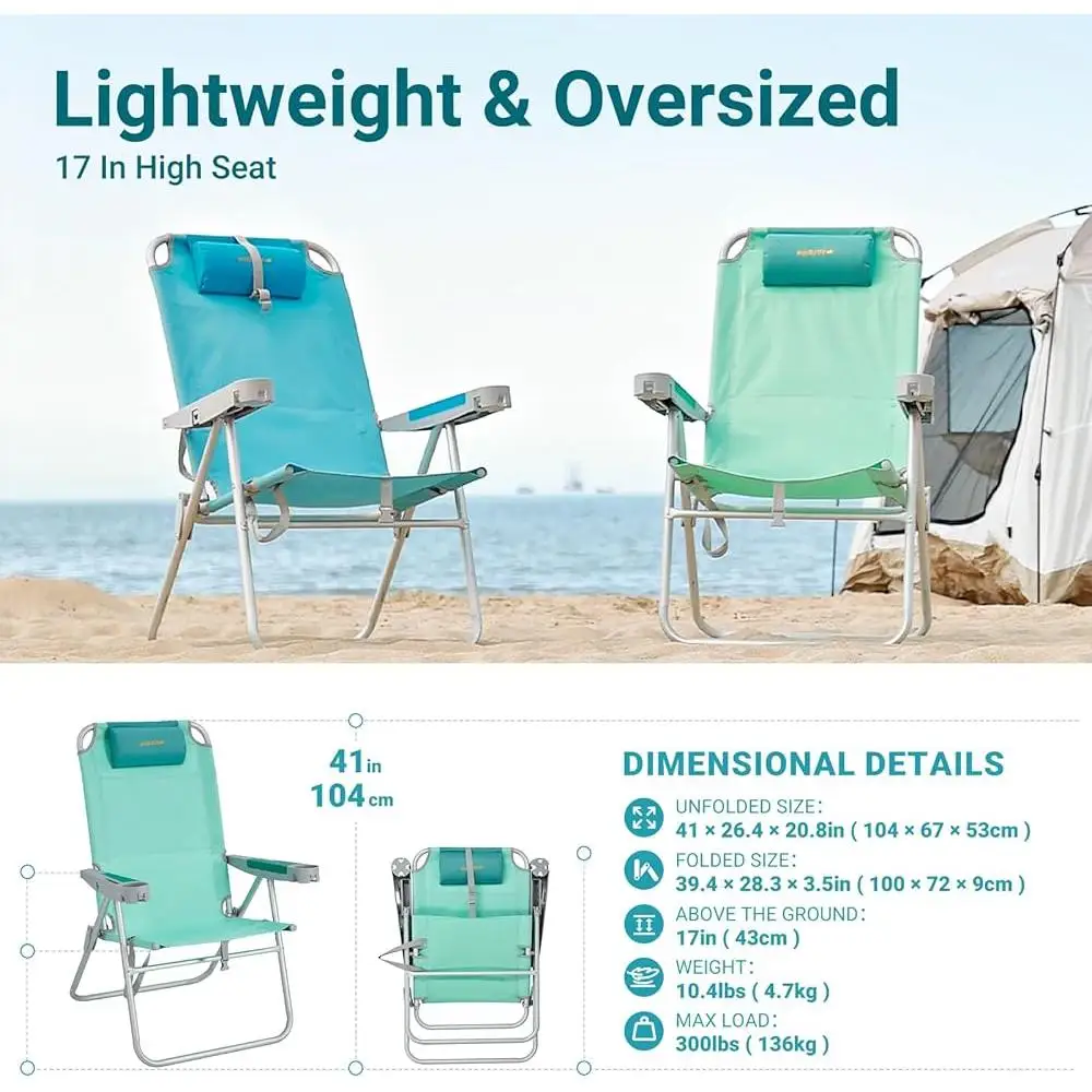 Oversized Beach Chair 5-Position Adjustable Ergonomic Folding Backpack Chair High Back Support Durable Portable Beach Lounger