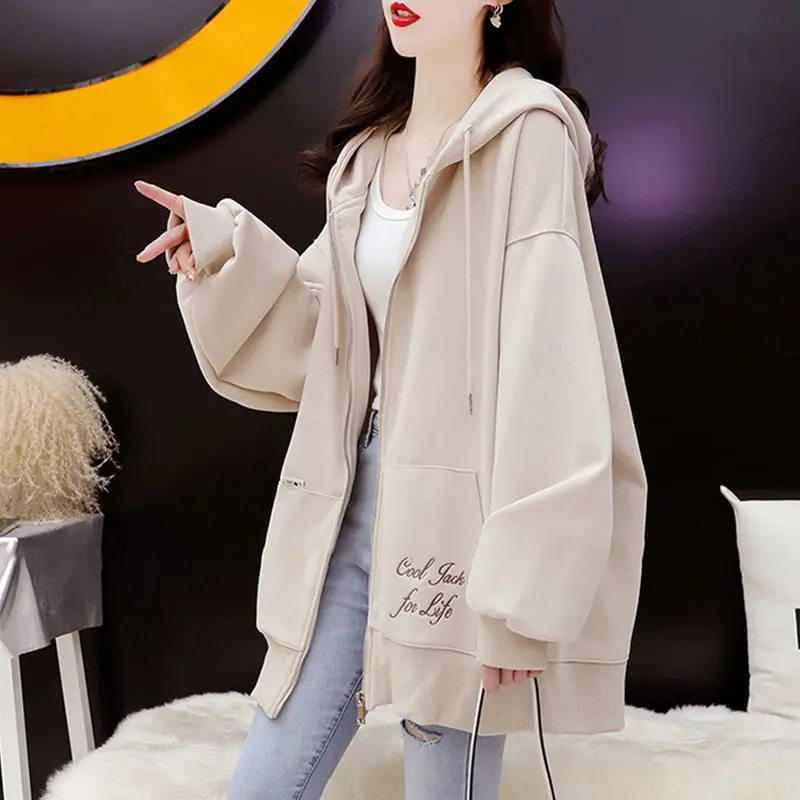 Women's Clothing Newstreetwear Fashion Loose Zipper Solid Color Lacing Drawstring Preppy Style Long Sleeve Hooded Sweatshirts