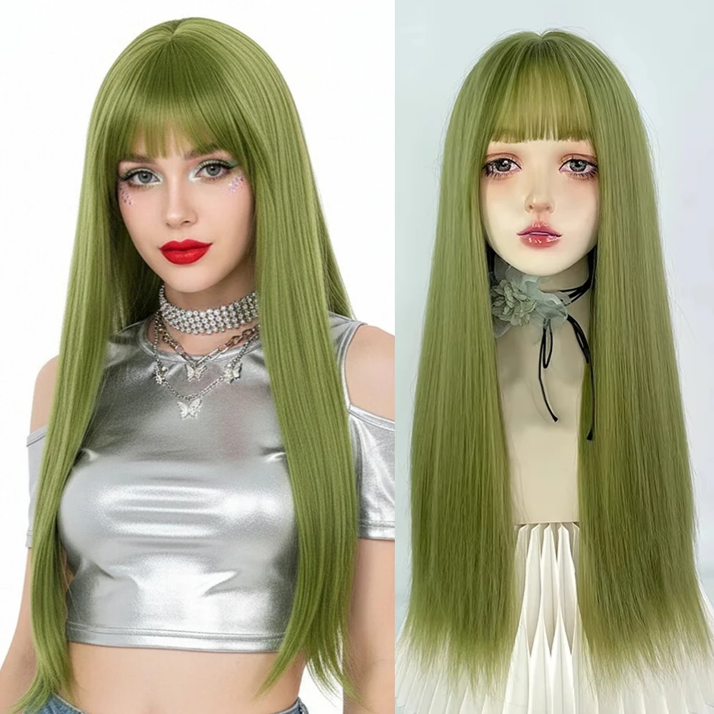 

Женский синтетический длинный прямой зеленый парик с челкой, пушистые волосы Лолиты для косплея, термостойкий парик для повседневной вечеринки