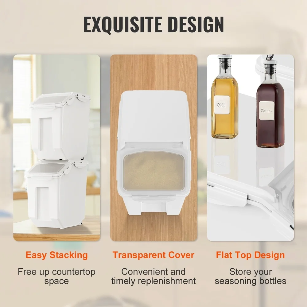 مجموعة حاويات تخزين المواد الغذائية 15 لتر صناديق طعام الحيوانات الأليفة محكمة الغلق مع أكواب قياس عجلات غطاء شفاف PP متين مقاوم للرطوبة 2 حزمة