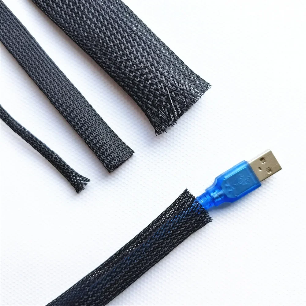 3m/9.85ft PET Expandable Braided Sleeving Flexible Wire Mesh Sleeve Black For TV Audio PC Cords Protect From Pets Chewing