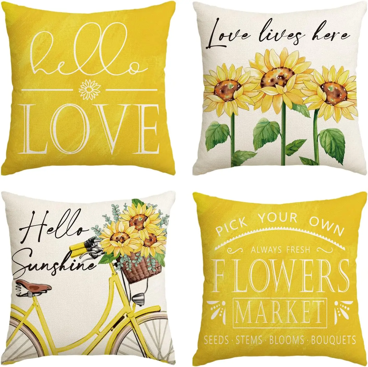 colorlife Hello Love Sunflower Bicycle Yellow Throw Pillow Covers, Flowers Summer Spring Cushion Case for Sofa Couch Set of 4