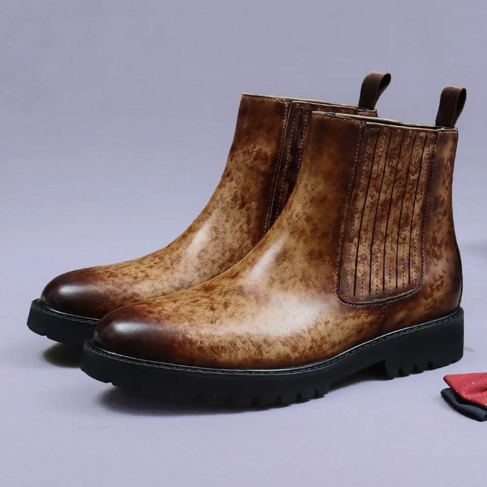

British Leather Chelsea Boots Platform Sole Mid Calf High Top Formal Shoes for Men and Women Business Casual