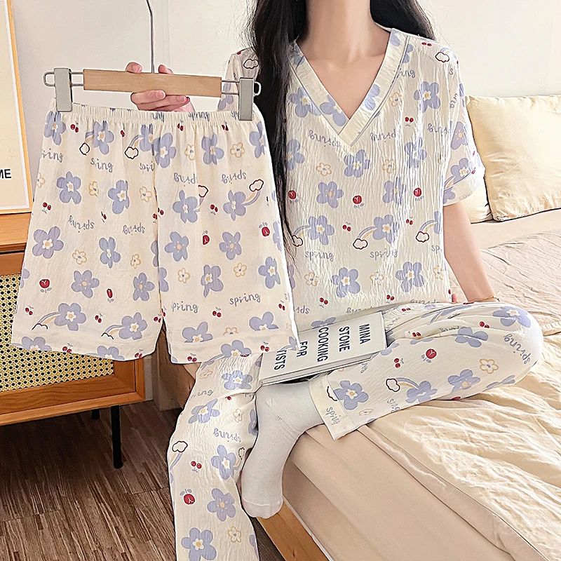 

Летний женский пижамный комплект с короткими рукавами, милый принт с v-образным вырезом, одежда для сна, женский хлопковый домашний комплект из трех предметов, тонкий пижамный костюм