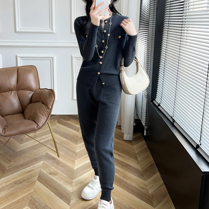 Fashion Two-piece Suit 100% Wool Cashmere Suit Women\'s Round Neck Cardigan Casual Pencil Pants 2024 Autumn/Winter New Female Set