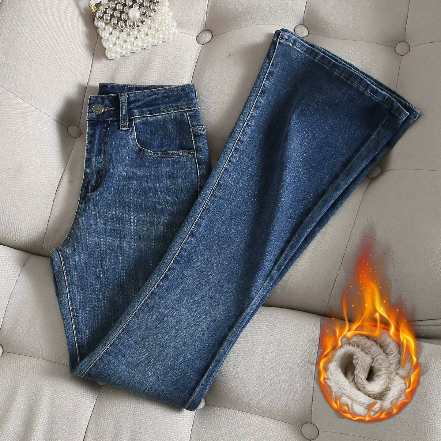Retro American High Waist Fleece Lined Women's Jeans Bell Bottoms Slimming Effect Versatile Cotton Stretch Denim Autumn Winter