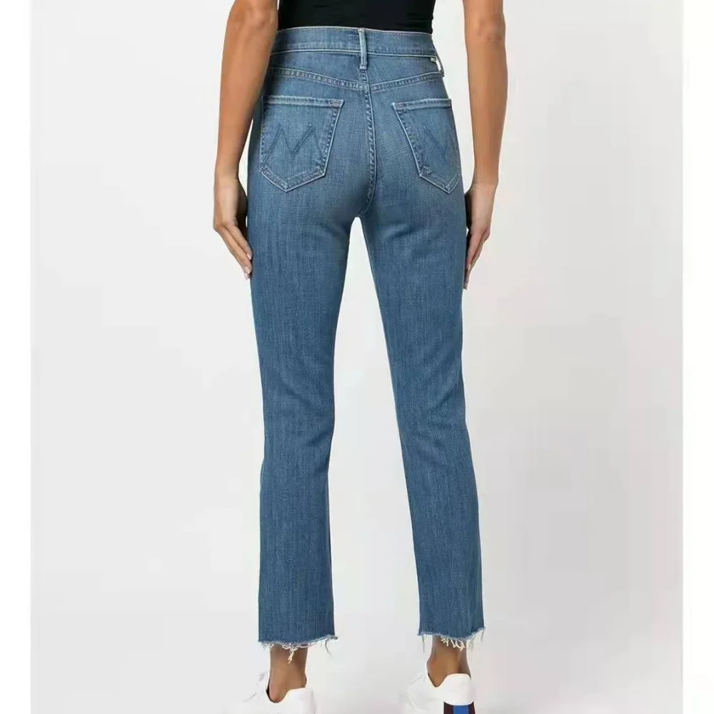 Spring and Summer New Micro-elastic High Waist Buckle Nine Points To Repair The Small Straight Pipe Jeans Female