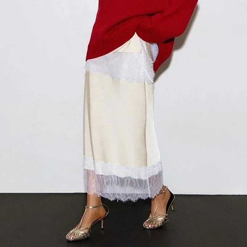 

Splice Lace Skirt For Women 2026 Summer New High Waist Straight Satin Skirt Elegant Slim Long Skirts Female Fashion