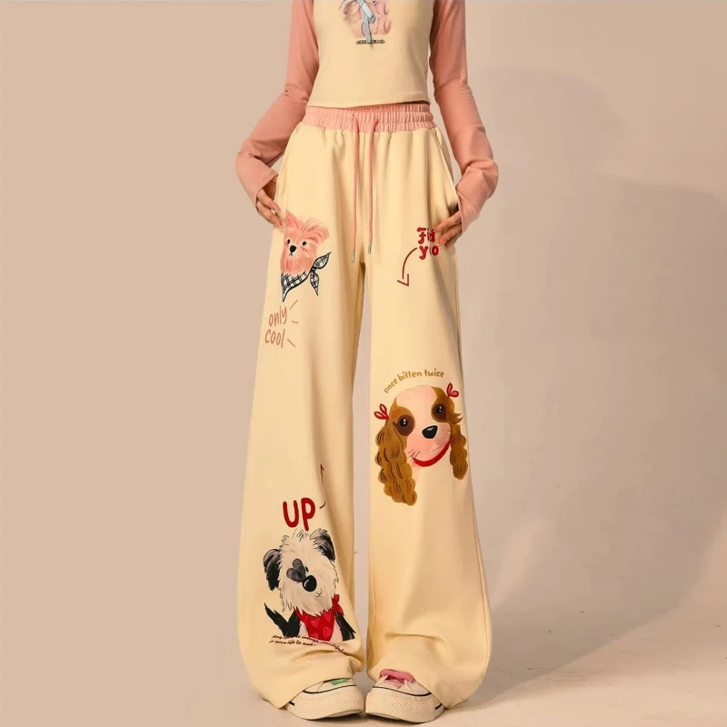 American Style Fashion Spring Autumn Pants Women's Elastic Waist Drawstring Print Pocket Sweet Loose Straight Wide Leg Trousers