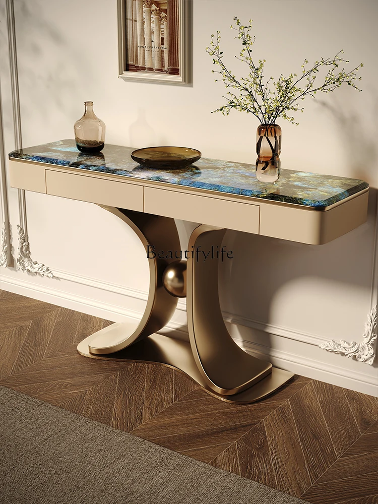 Black-Capped Kingfisher Stone Plate Console Tables Large Apartment Light Luxury Side View against the Wall